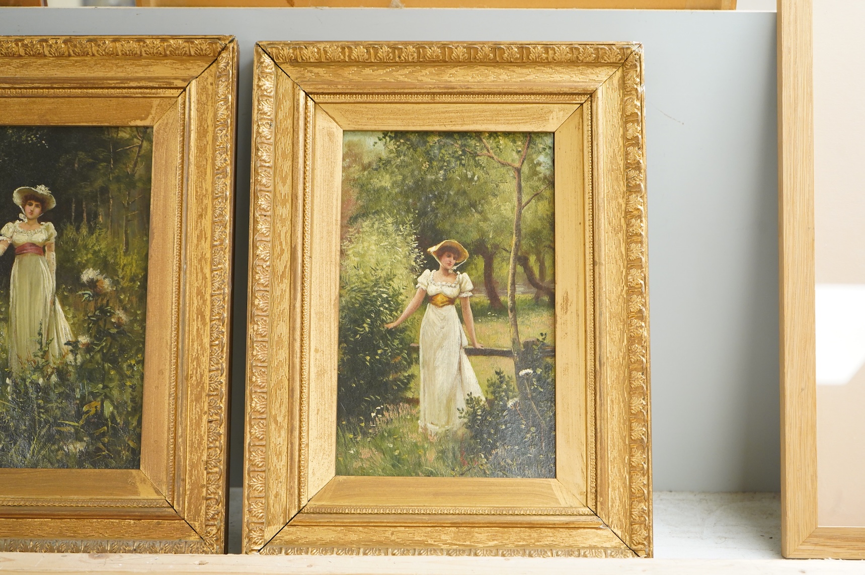 Late 19th / early 20th century School, Studies of women before landscapes, one indistinctly monogrammed lower left HSR?, pair of oils on board, 22 x 13cm, ornate gilt frames